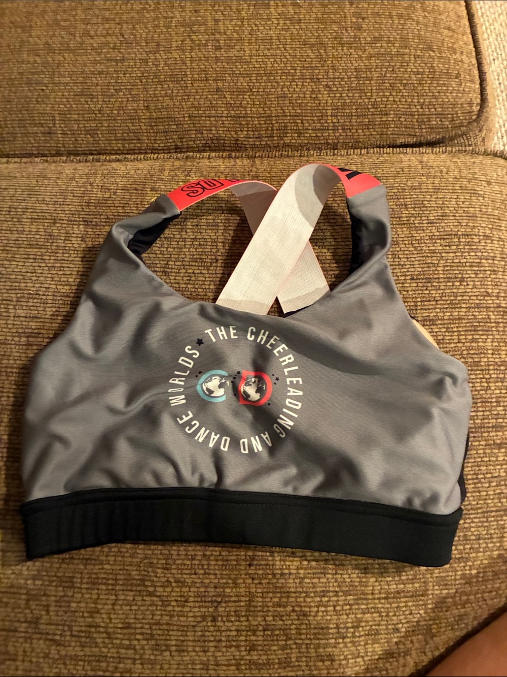Varsity Gray Sports Bra with Pink Accent Crossback Straps